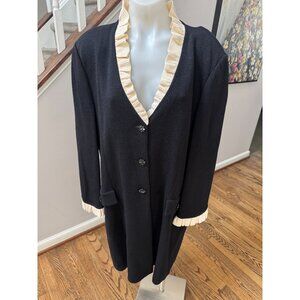 ST JOHN Evening Black Santana Knit Ruffle Long Jacket Dress Crystal Buttons 16